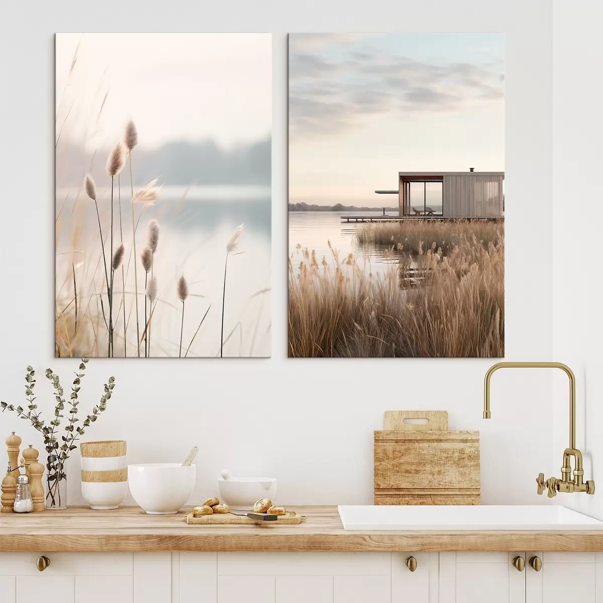 Glezna Mīkstas niedres pie rāma ezera un moderna māja krastā m00970