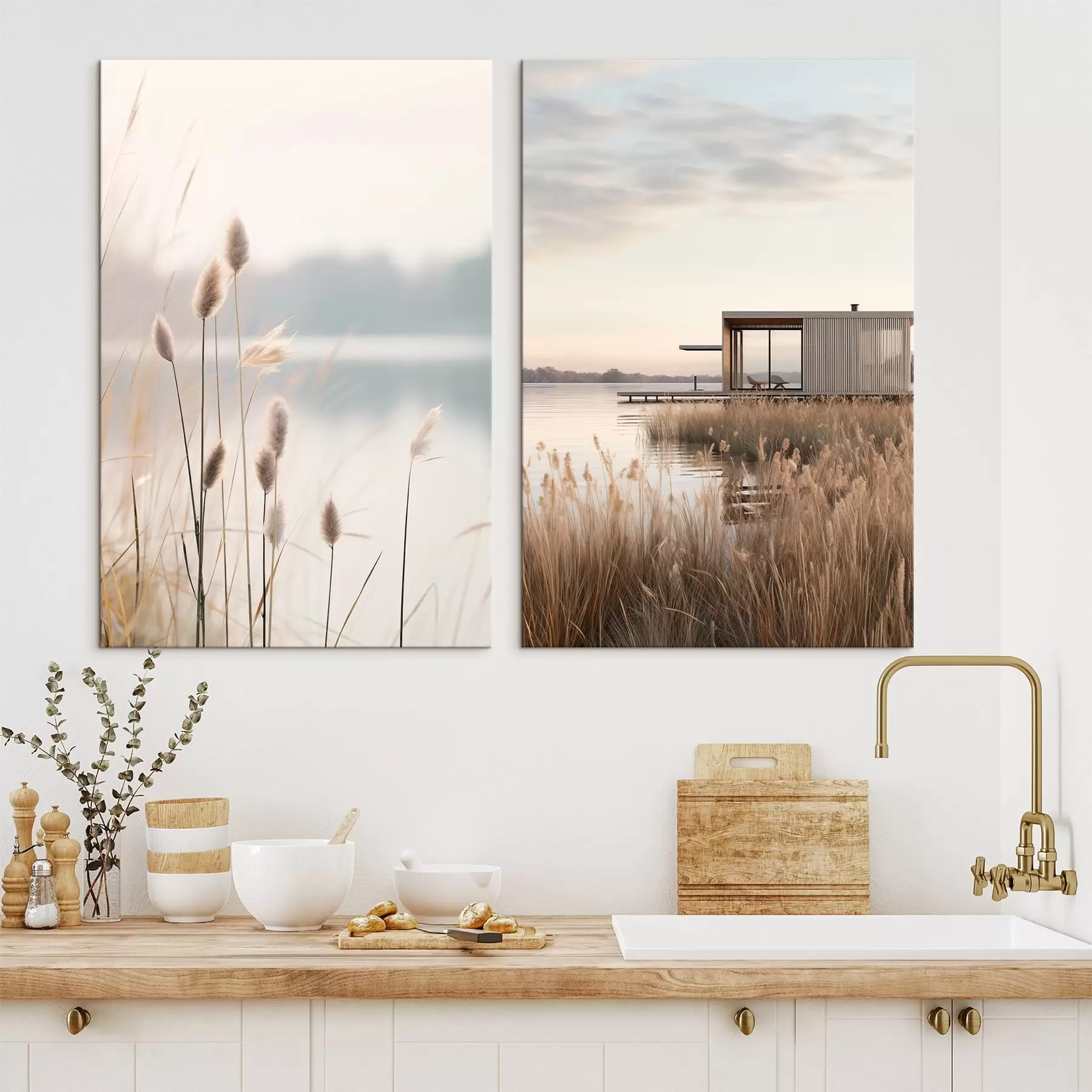 Glezna Mīkstas niedres pie rāma ezera un moderna māja krastā m00970