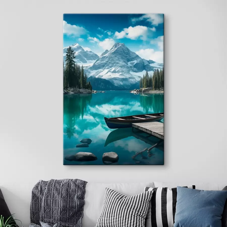 Glezna Alpu ezers ar kanoe un sniegotiem virsotnēm s46481