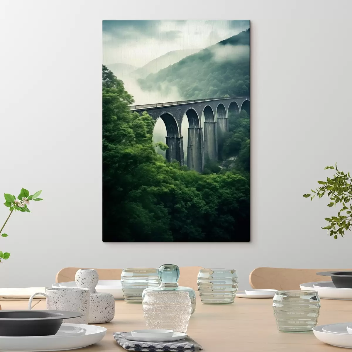 Glezna Akmens viadukts virs miglas apklātas mežainas ielejas s46483