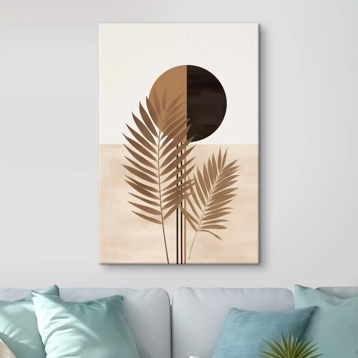 Glezna Divas palmu lapas ar sadalītu apļa saules motīvu s46491