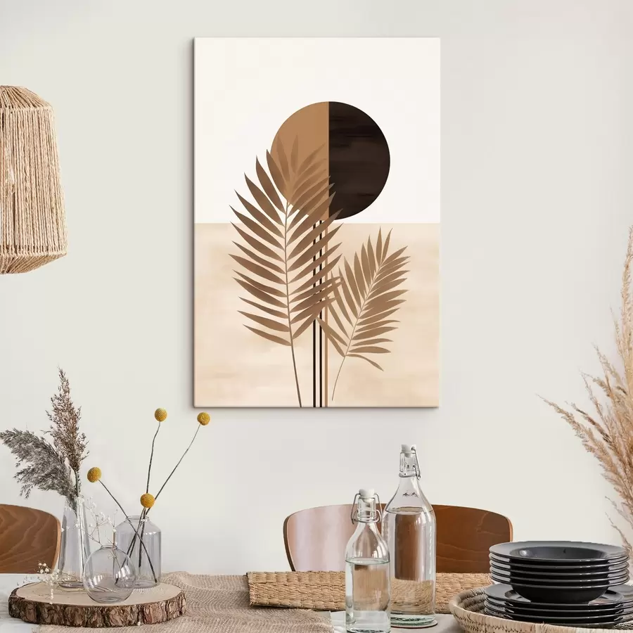 Glezna Divas palmu lapas ar sadalītu apļa saules motīvu s46491