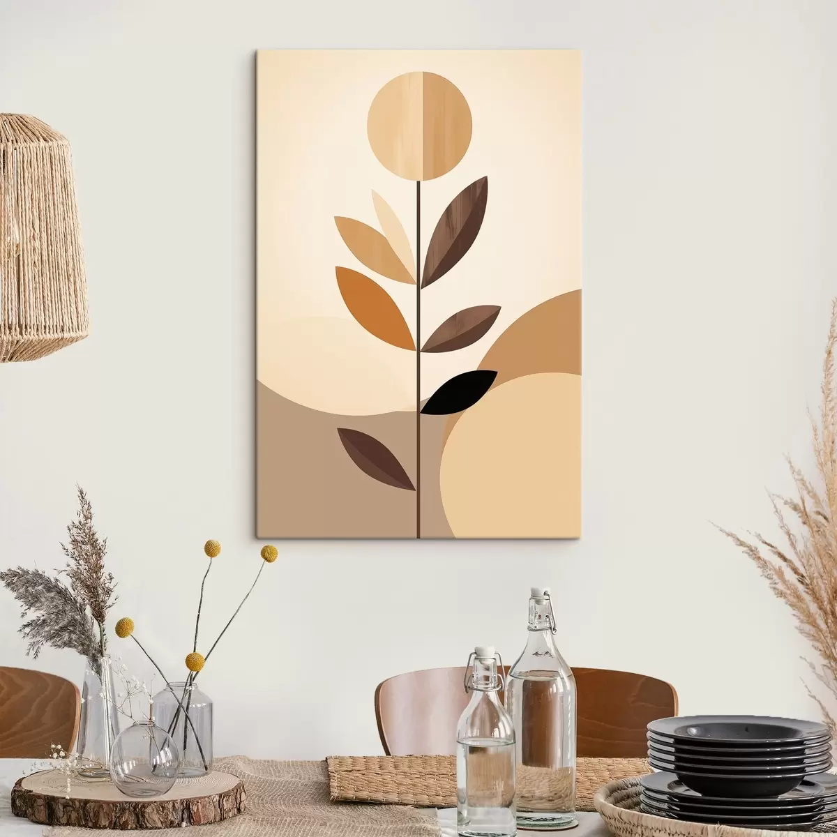 Glezna Stilizēts zieds ar ģeometriskām lapām siltos toņos s46500