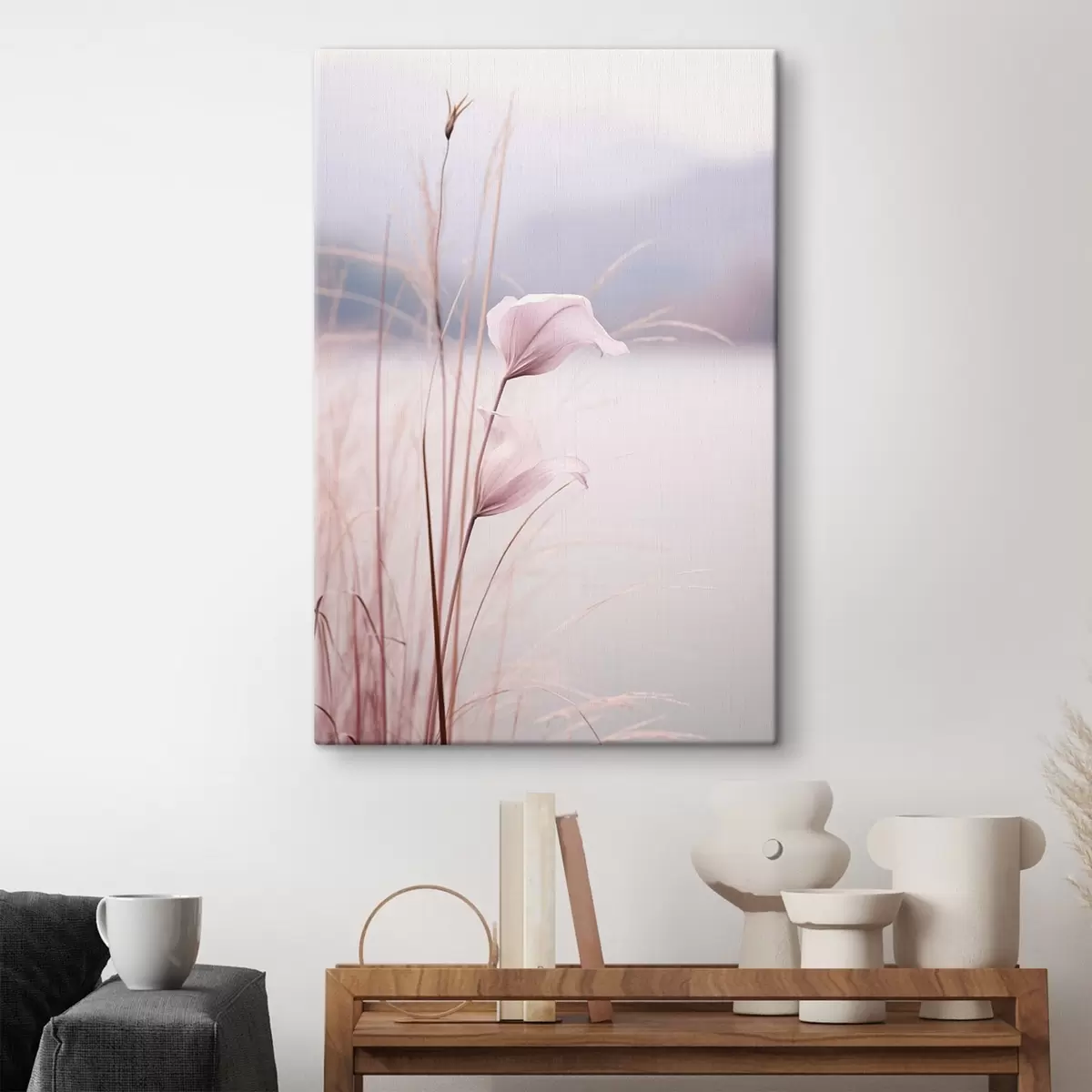 Glezna Maigi rozā ziedi pie klusā ezera krasta s46503