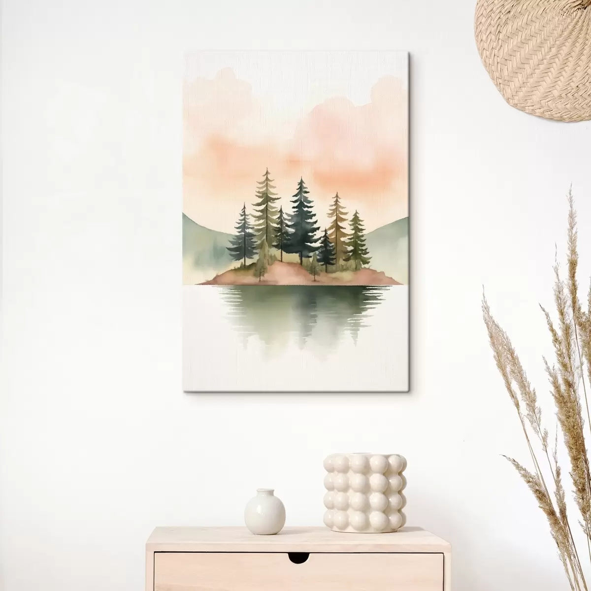 Glezna Akvareļi uz miglas apklātas saliņas, maigi persiku krāsas debesis s46505