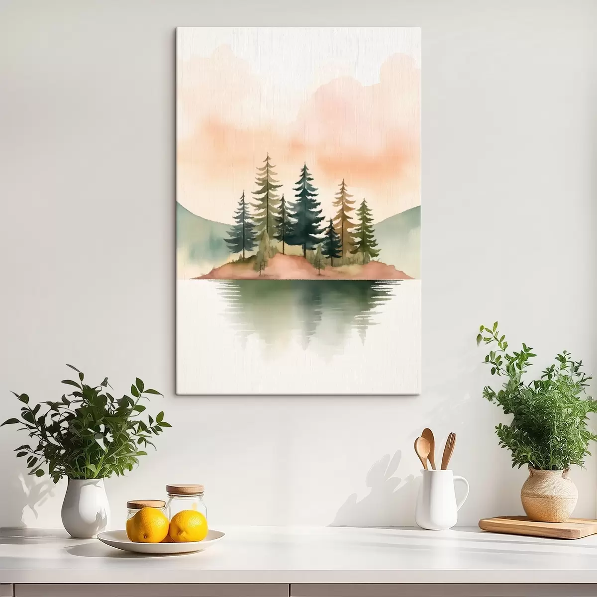 Glezna Akvareļi uz miglas apklātas saliņas, maigi persiku krāsas debesis s46505