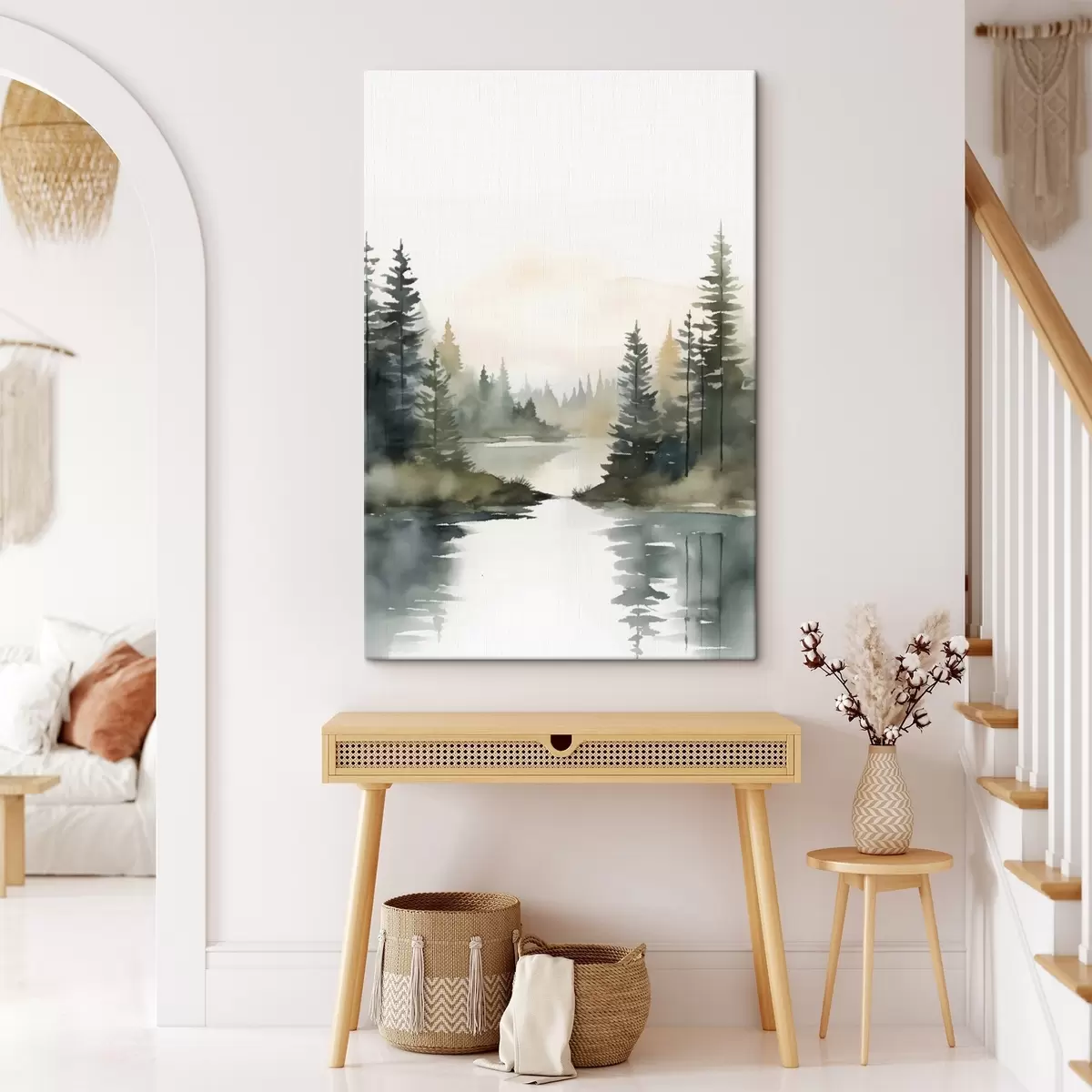 Glezna Miglas apklāts skujkoku mežs virs rāma upes, akvareļa stilā s46507