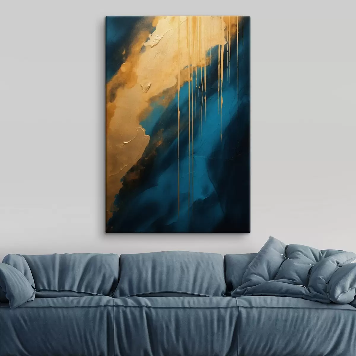 Glezna Tirkīza un tumši zila abstrakcija ar plūstošiem siltu toņu akcentiem s46509