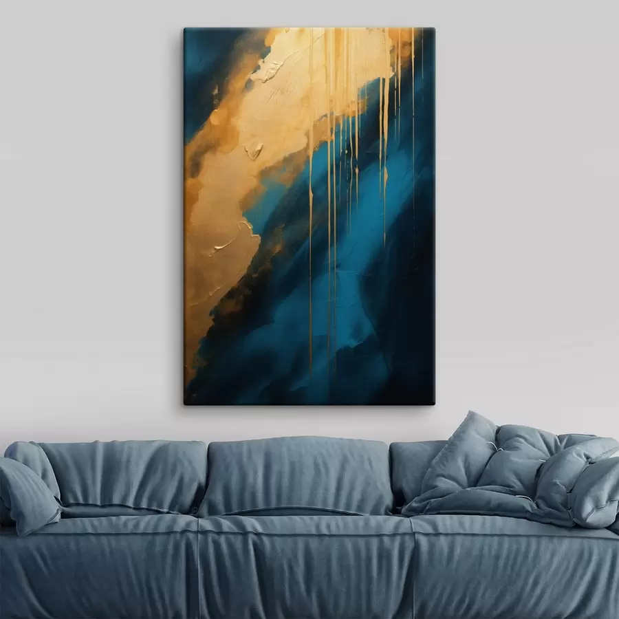 Glezna Tirkīza un tumši zila abstrakcija ar plūstošiem siltu toņu akcentiem s46509