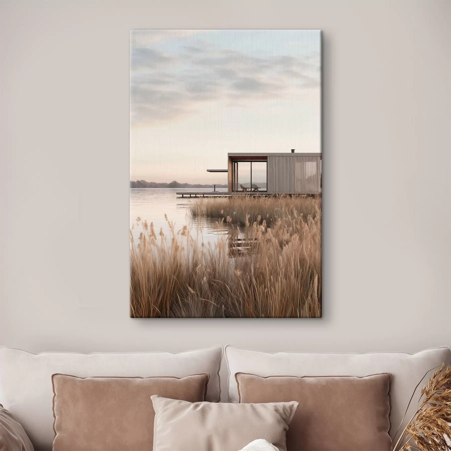 Glezna Mūsdienīga māja ezera krastā niedru vidū maigā krēslas laikā s46513