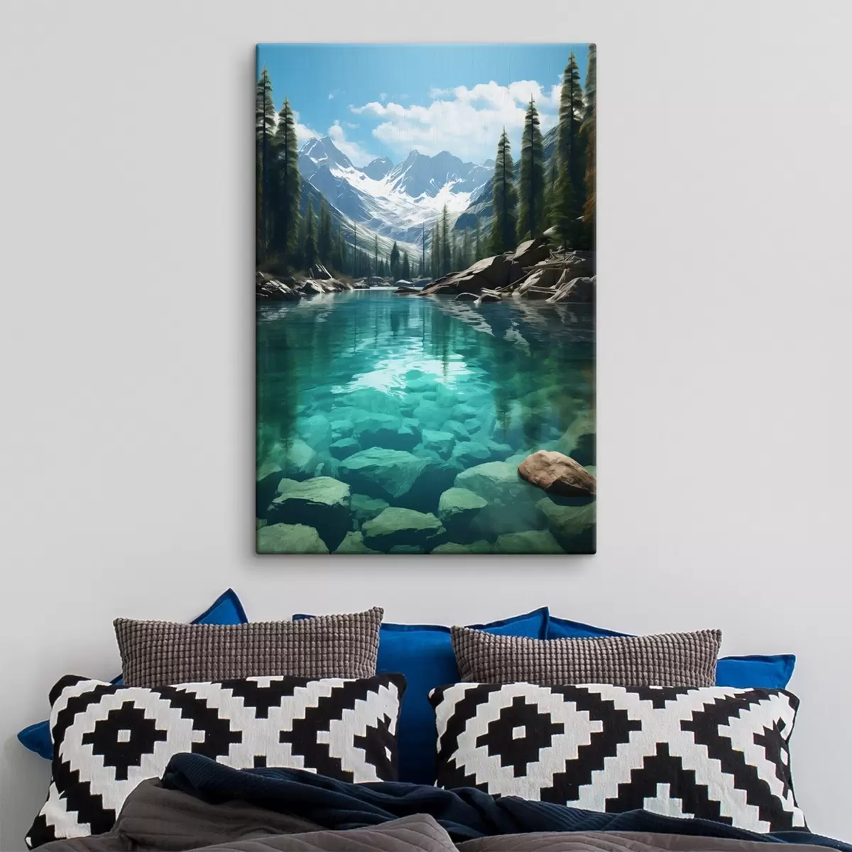 Glezna Dzidra alpīna upe ar akmeņainu gultni un sniegotiem virsotnēm s46514