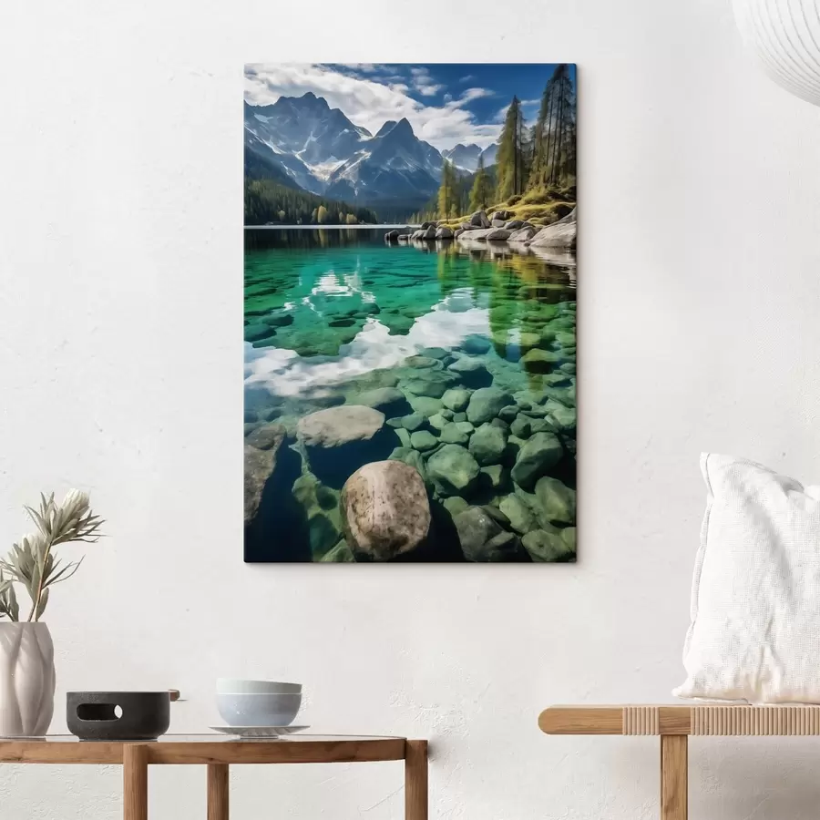 Glezna Smaragda krāsas alpīns ezers ar klintīm zem tā un augstiem virsotnēm s46515