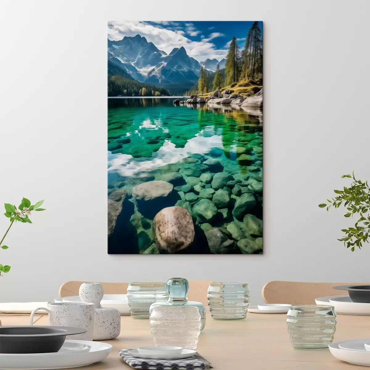 Glezna Smaragda krāsas alpīns ezers ar klintīm zem tā un augstiem virsotnēm s46515