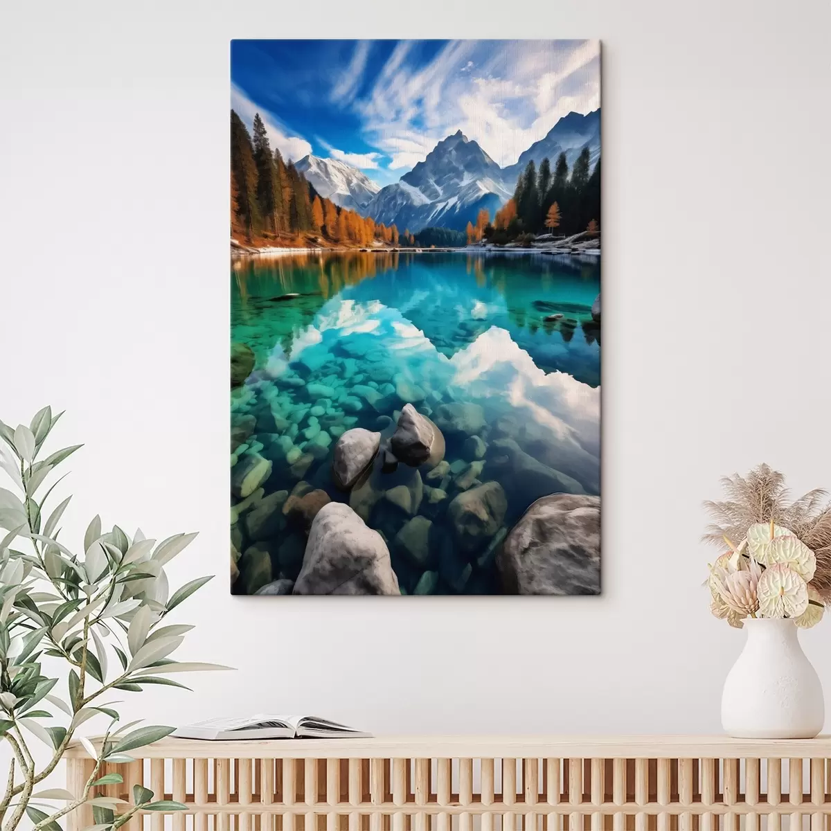 Glezna Kalnu ezers ar tirkīza krāsas ūdeni un rudens lapeglēm s46517