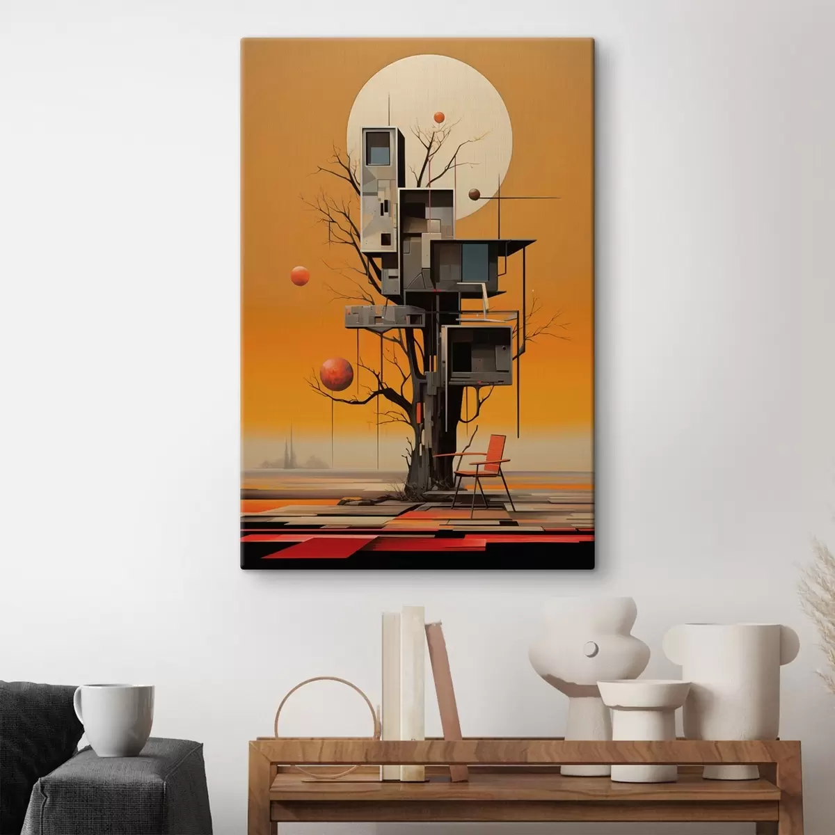Glezna Surreāla koku māja uz oranža fona s46526