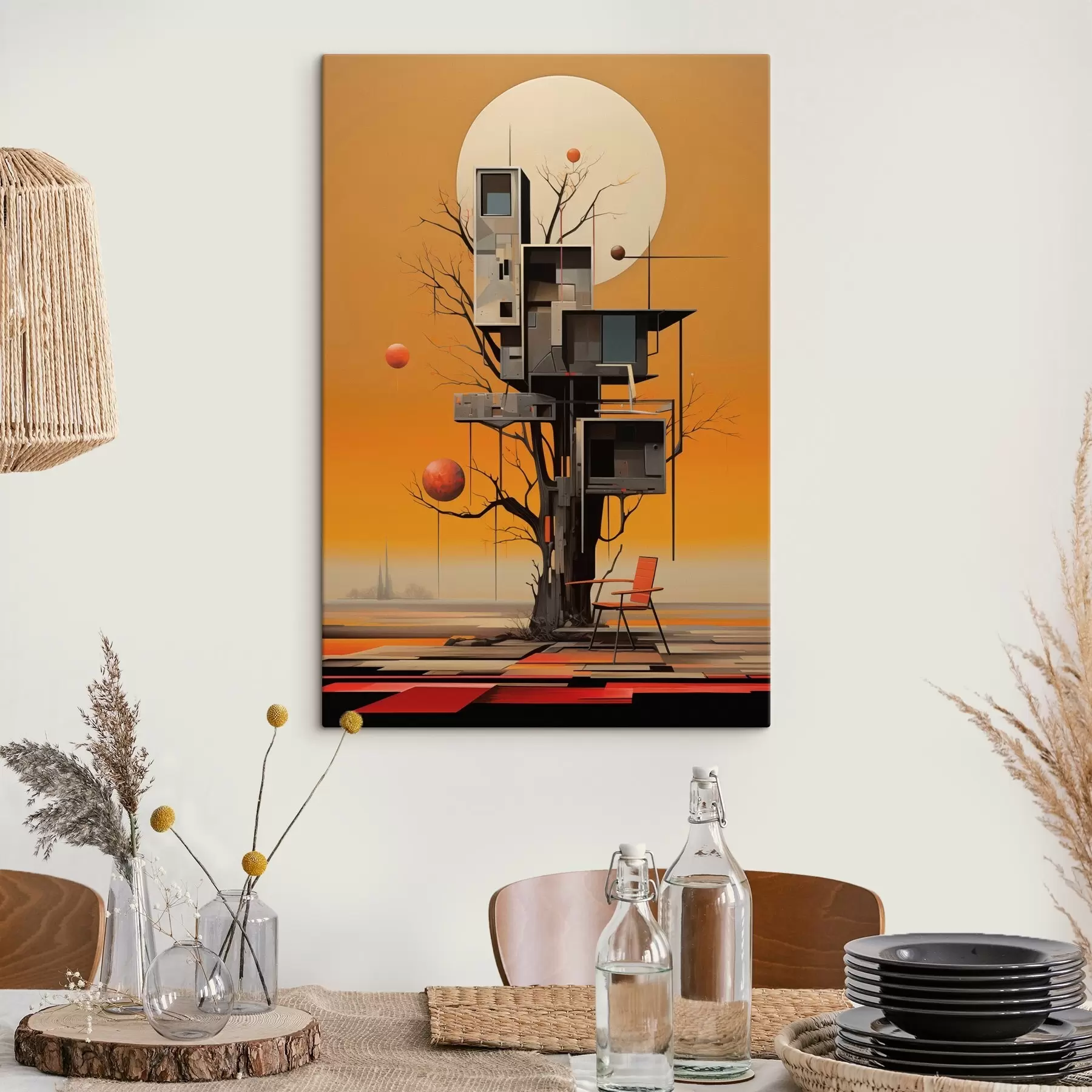 Glezna Surreāla koku māja uz oranža fona s46526
