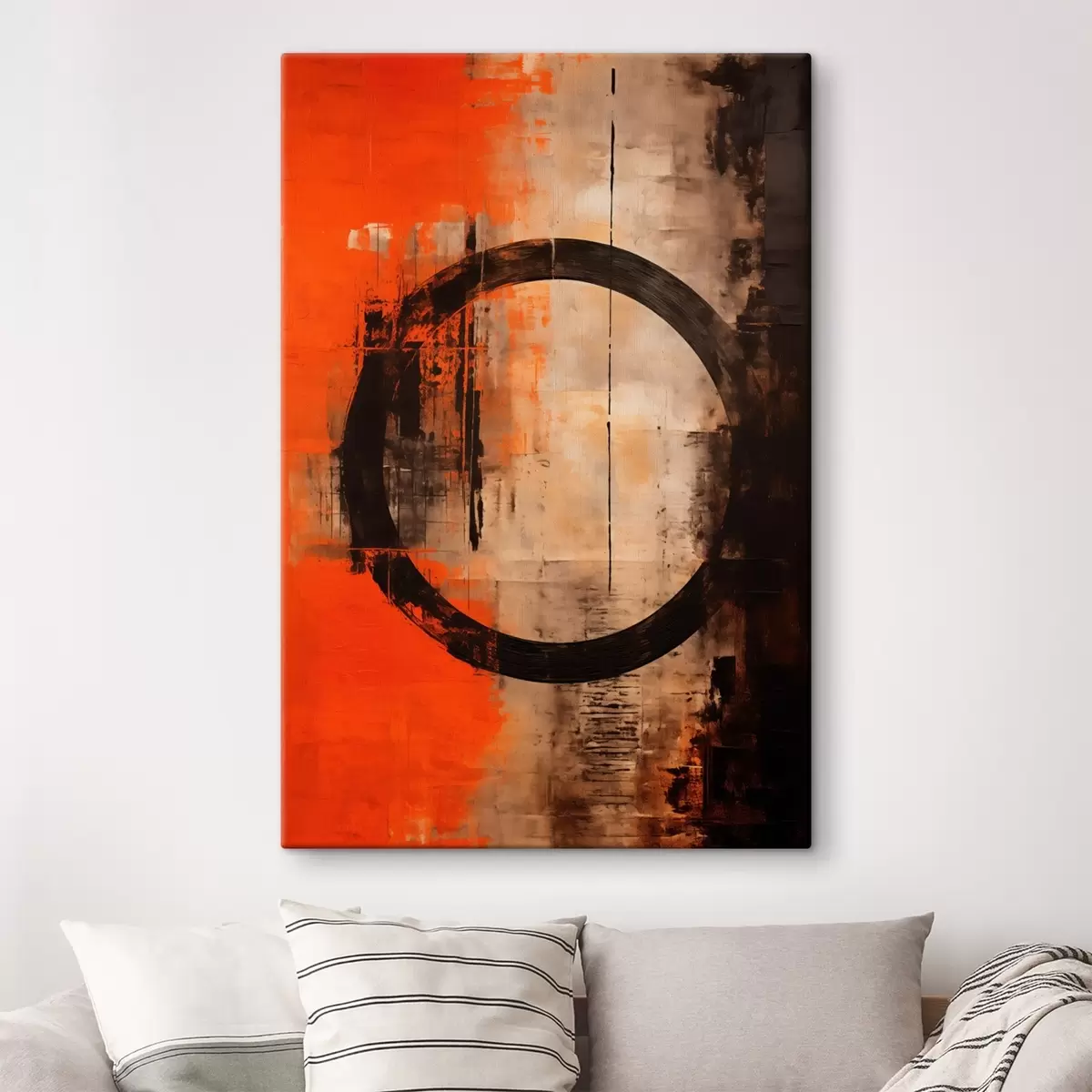 Glezna Abstrakts ar lielu melnu apli un siltām tekstūrām s46528