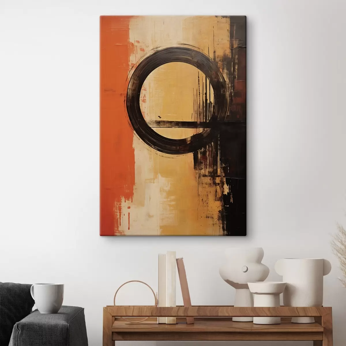 Glezna Abstrakts ar melnu gredzenu uz terakotas smilšu fona s46529