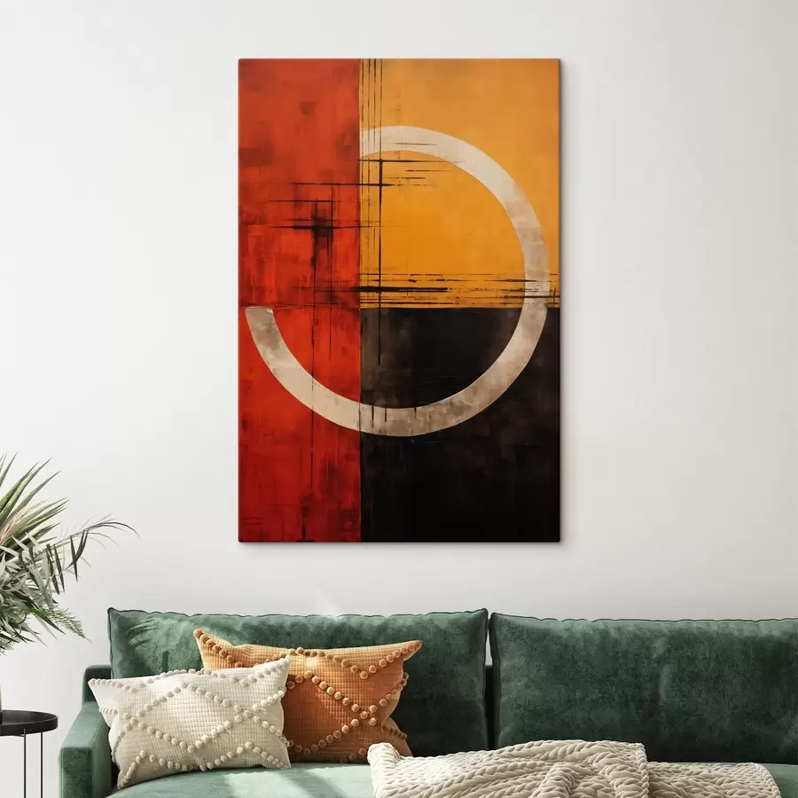 Glezna Abstrakts aplis uz sarkana-melnā fona ar līnijām s46535