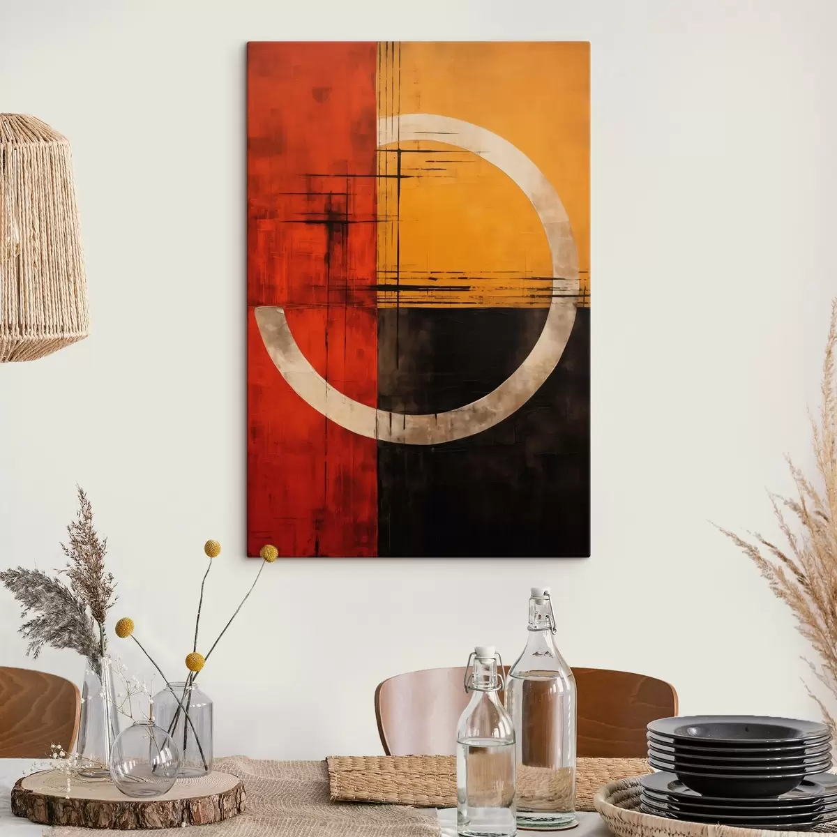 Glezna Abstrakts aplis uz sarkana-melnā fona ar līnijām s46535