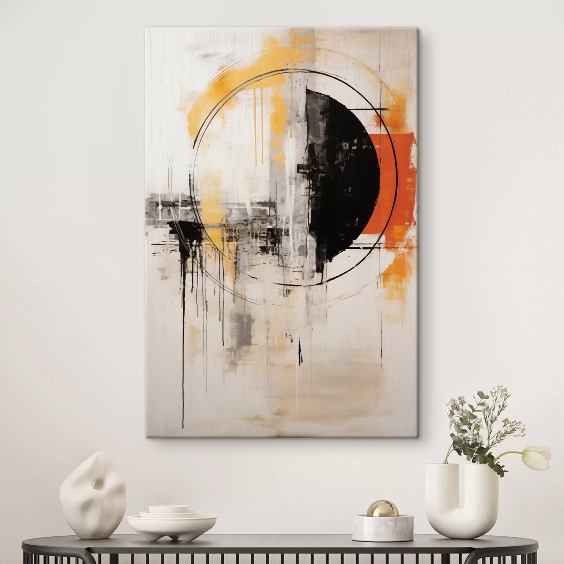 Glezna Monochroms oranžs aplis ar teksturētiem pilieniem s46536