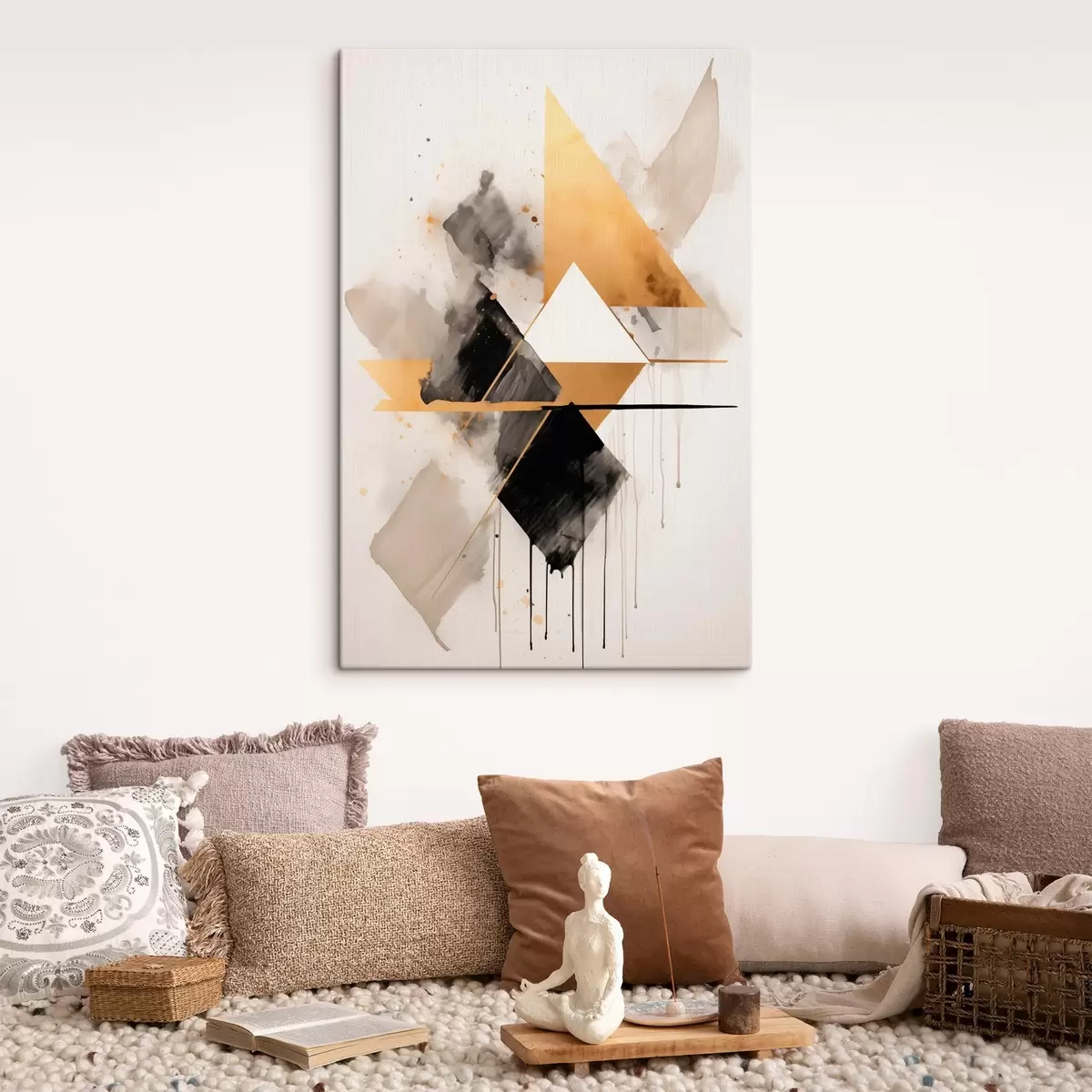Glezna Ģeometrija ar trijstūriem un melnu rombu, smilškrāsas līnijas s46539