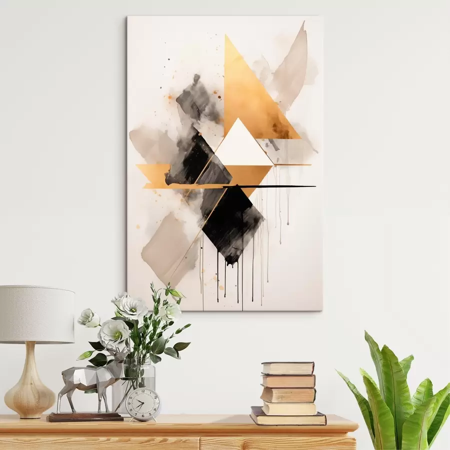 Glezna Ģeometrija ar trijstūriem un melnu rombu, smilškrāsas līnijas s46539