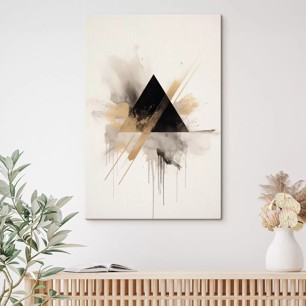 Glezna Ģeometrija: melns trīsstūris ar gaišiem plankumiem un līnijām s46540