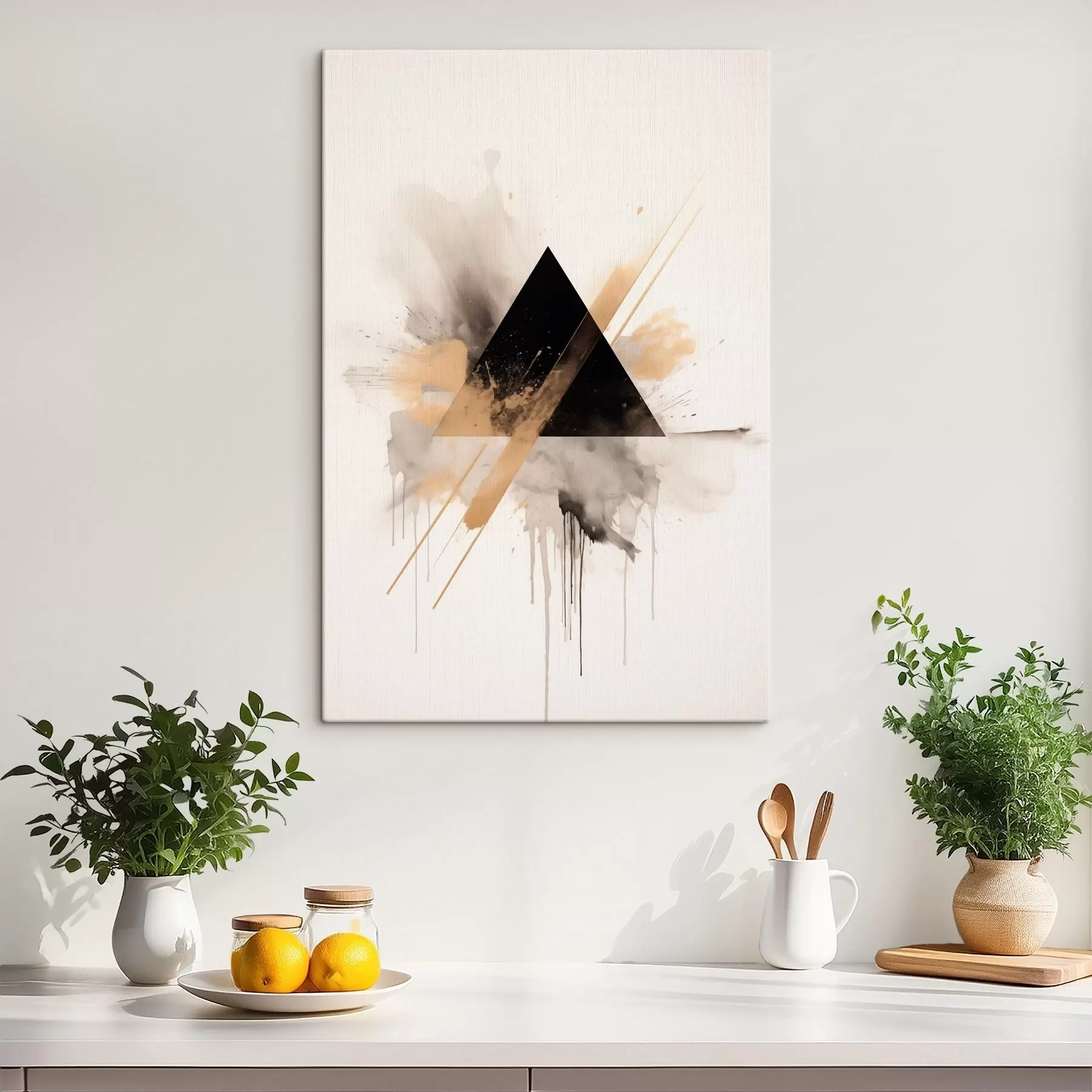 Glezna Ģeometrija: melns trīsstūris ar gaišiem plankumiem un līnijām s46540