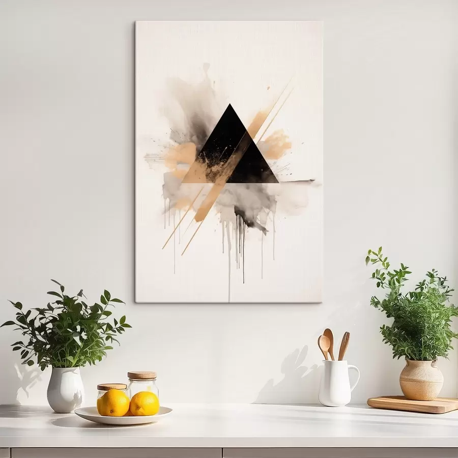 Glezna Ģeometrija: melns trīsstūris ar gaišiem plankumiem un līnijām s46540