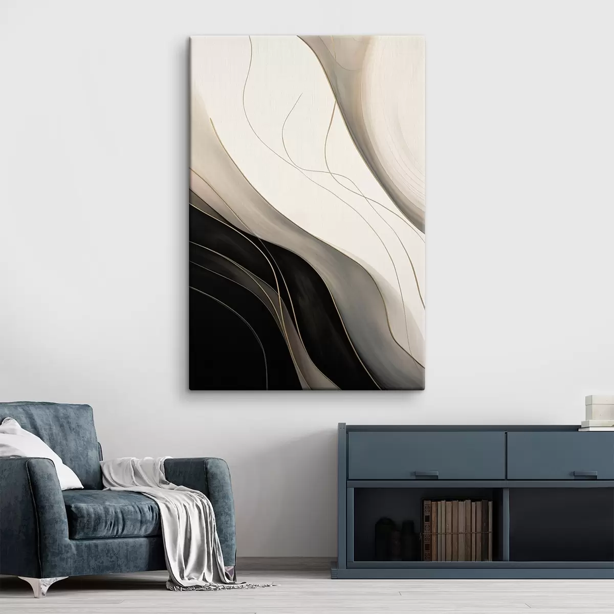 Glezna Viļņi melnā un smilškrāsā ar smalkām okera līnijām s46541