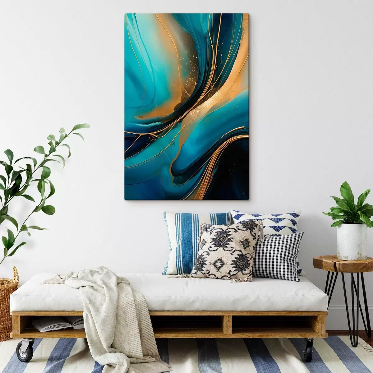 Glezna Tirkīza plūsma ar plānām okera pavedienu līnijām s46543