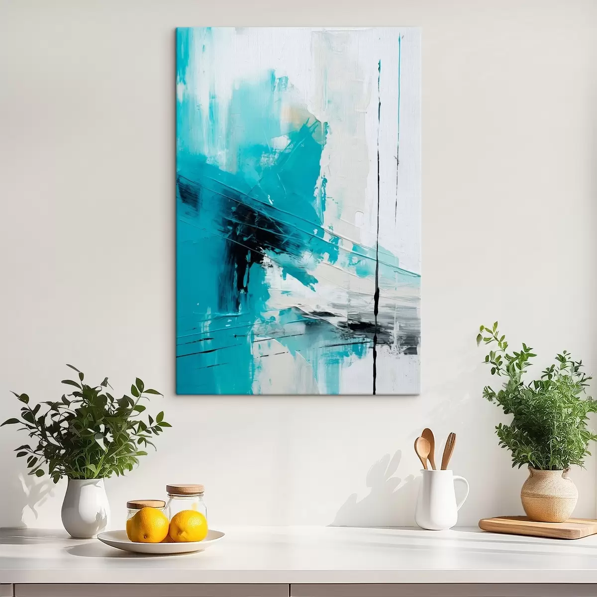 Glezna Tirkīza krāsas līnijas uz balta fona ar melnu svītru s46545