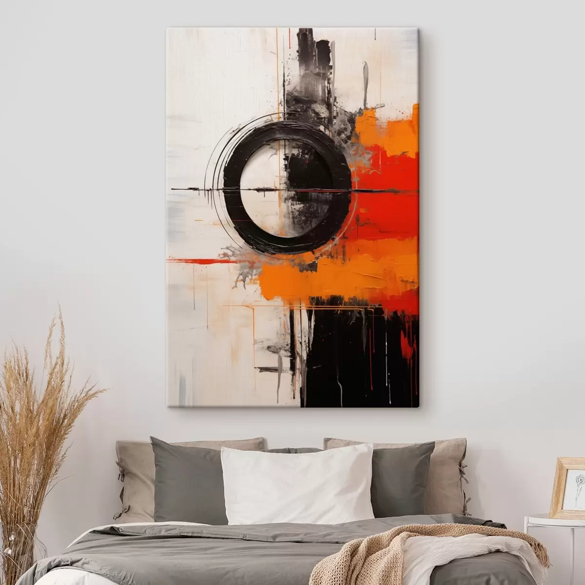 Glezna Melna apļa uz balta fona, oranžas līnijas un šļakatas s46549