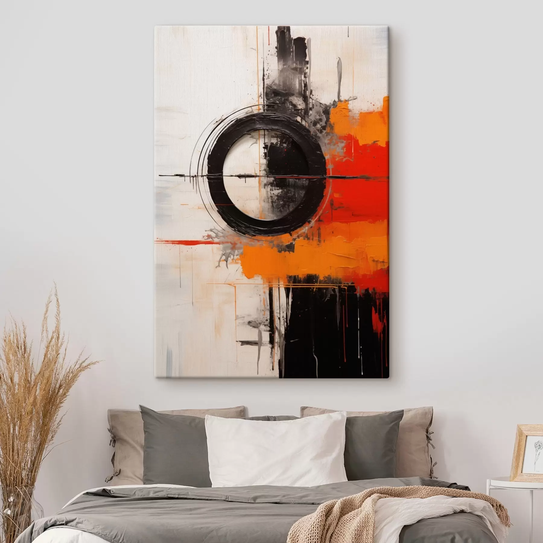 Glezna Melna apļa uz balta fona, oranžas līnijas un šļakatas s46549