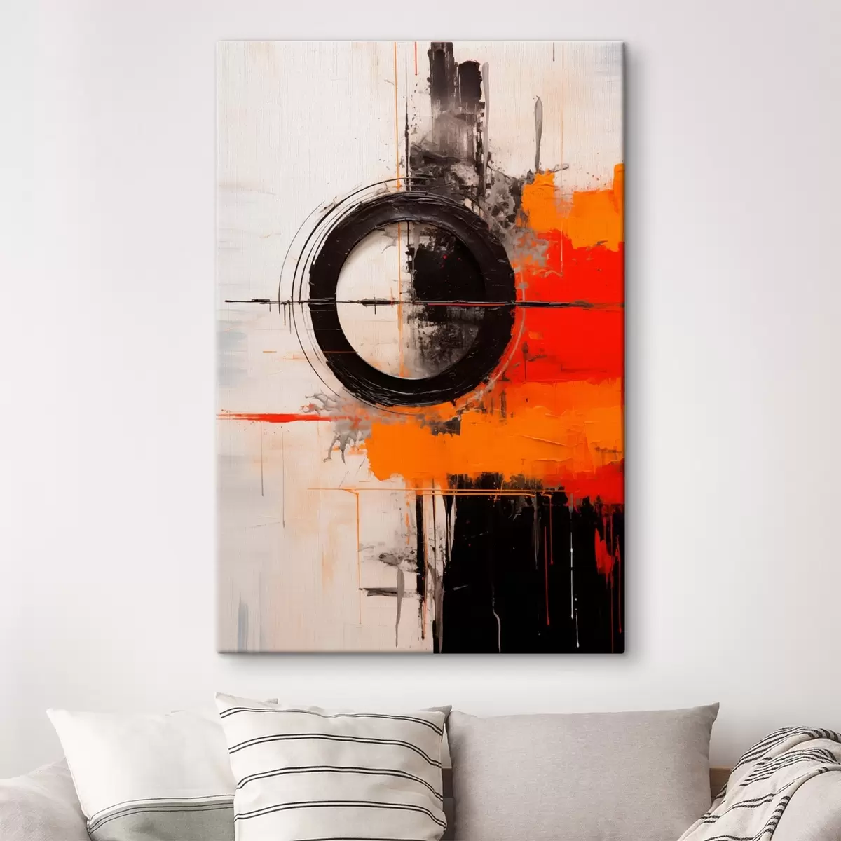 Glezna Melna apļa uz balta fona, oranžas līnijas un šļakatas s46549