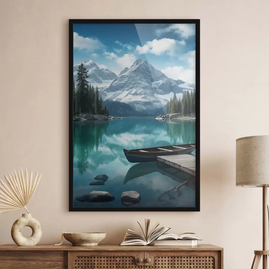 Fototapetes Alpu ezers ar kanoe un sniegotiem virsotnēm f46481