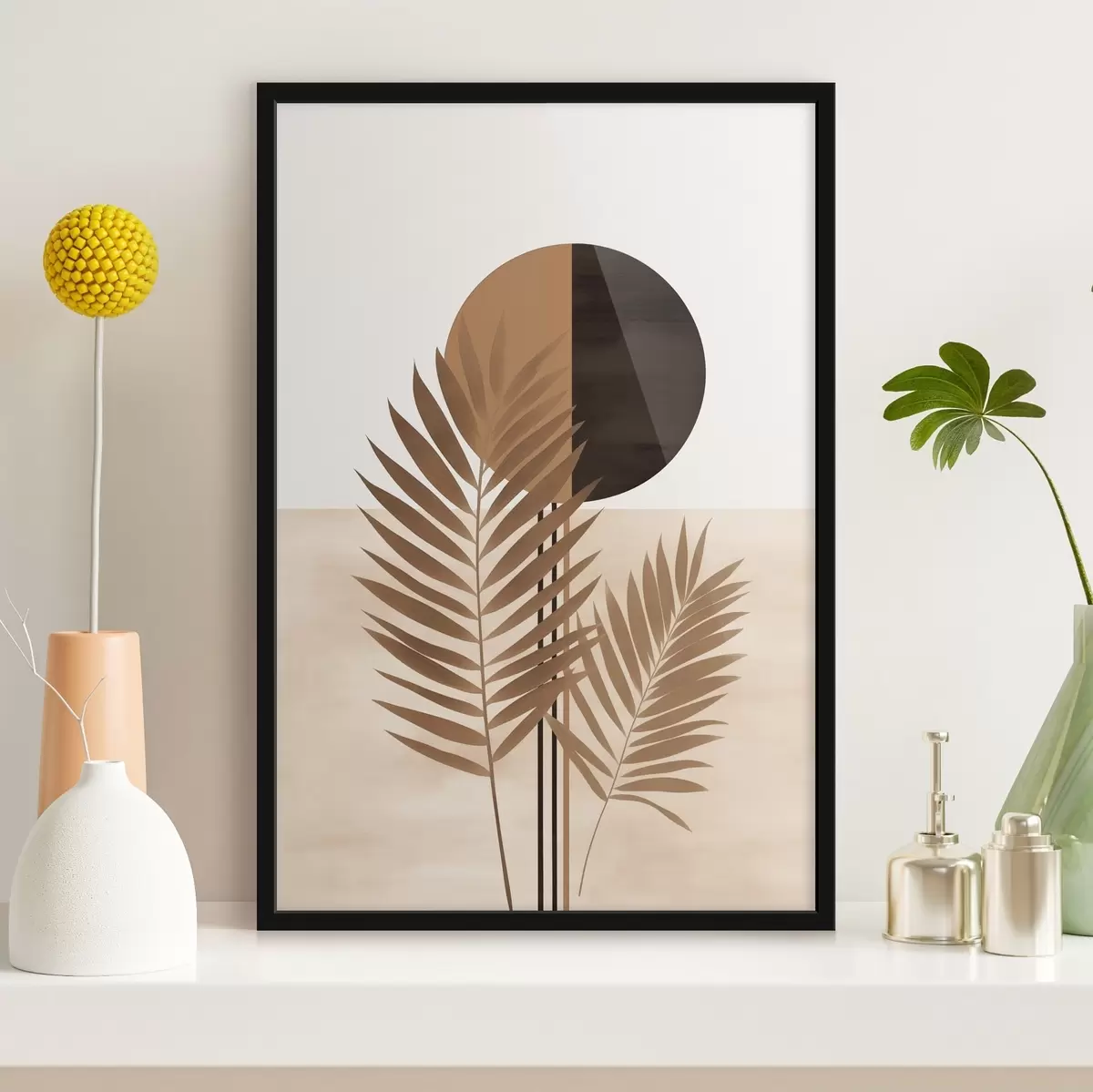 Plakāts Divas palmu lapas ar sadalītu apļa saules motīvu f46491