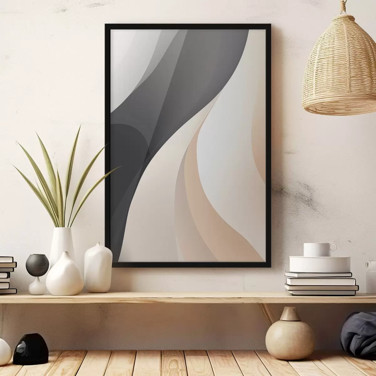 Plakāts Gludas, pārklājošās līknes ogļu, ziloņkaula un smilšu krāsā f46493