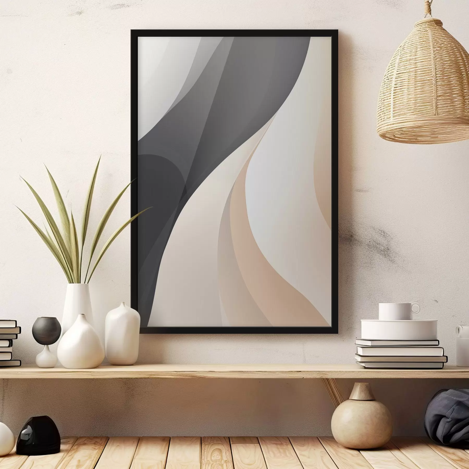 Fototapetes Gludas, pārklājošās līknes ogļu, ziloņkaula un smilšu krāsā f46493