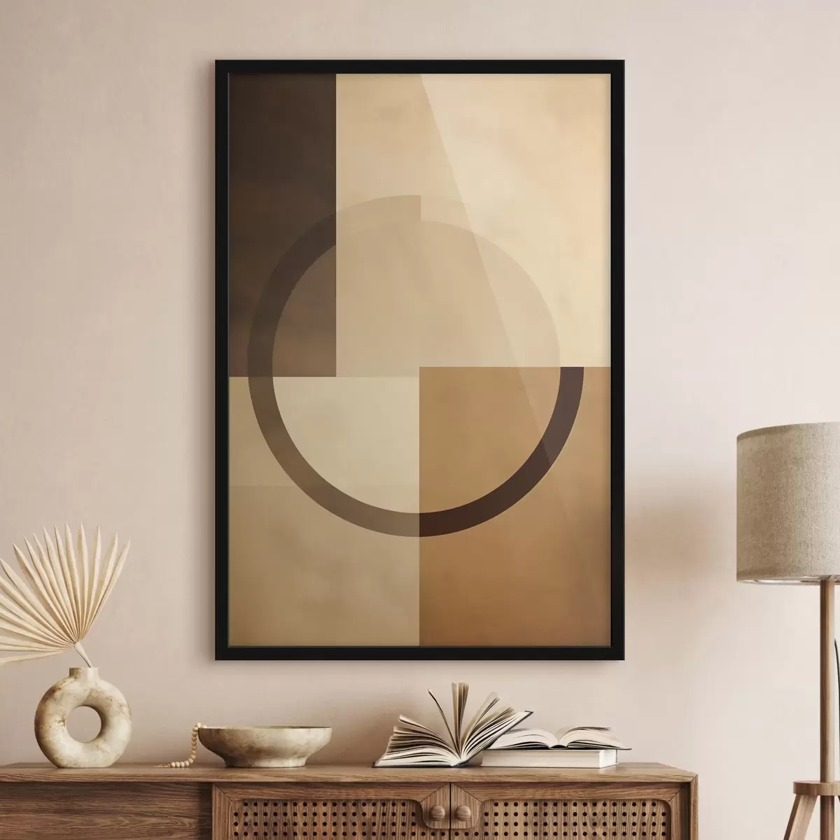 Plakāts Nobrieduši kvadrāti ar caurspīdīgu gredzenu, siltā zemes krāsu palete f46498