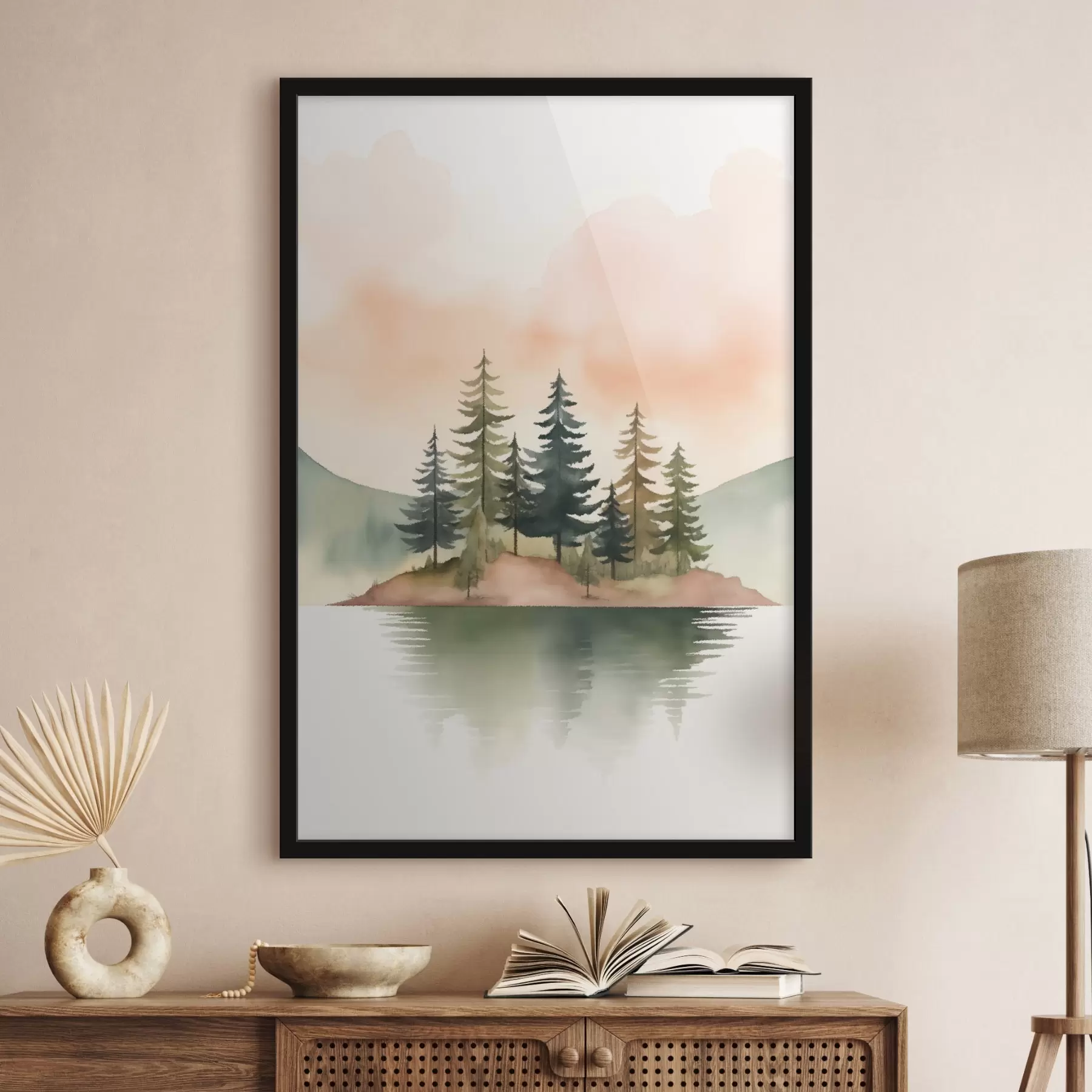 Fototapetes Akvareļi uz miglas apklātas saliņas, maigi persiku krāsas debesis f46505