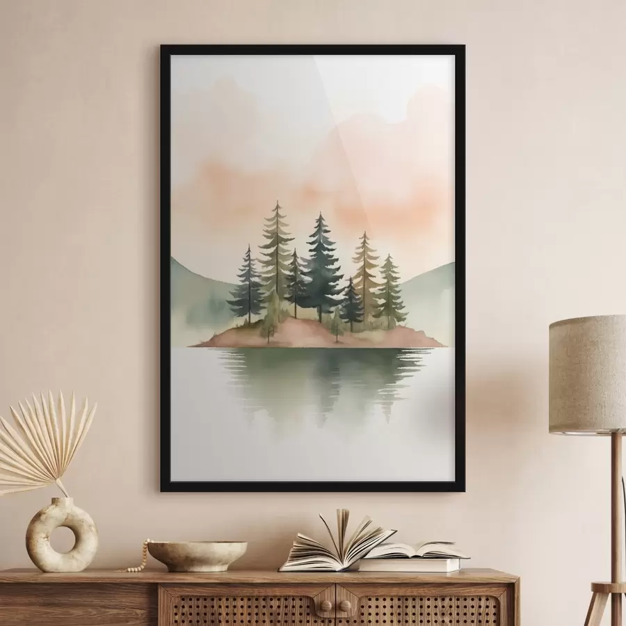 Fototapetes Akvareļi uz miglas apklātas saliņas, maigi persiku krāsas debesis f46505