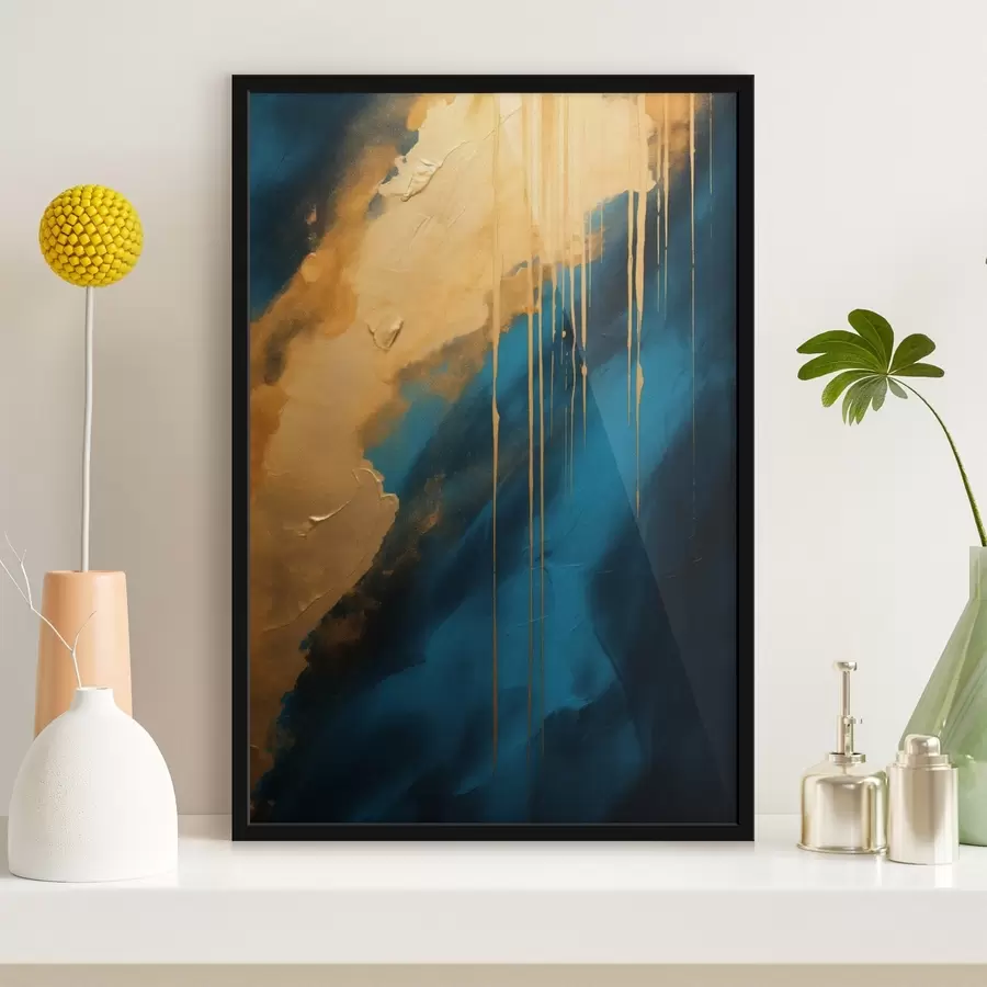 Fototapetes Tirkīza un tumši zila abstrakcija ar plūstošiem siltu toņu akcentiem f46509