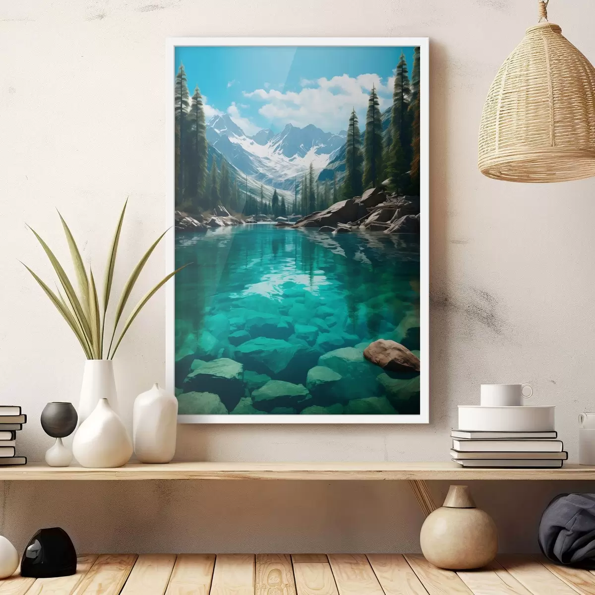 Plakāts Dzidra alpīna upe ar akmeņainu gultni un sniegotiem virsotnēm f46514