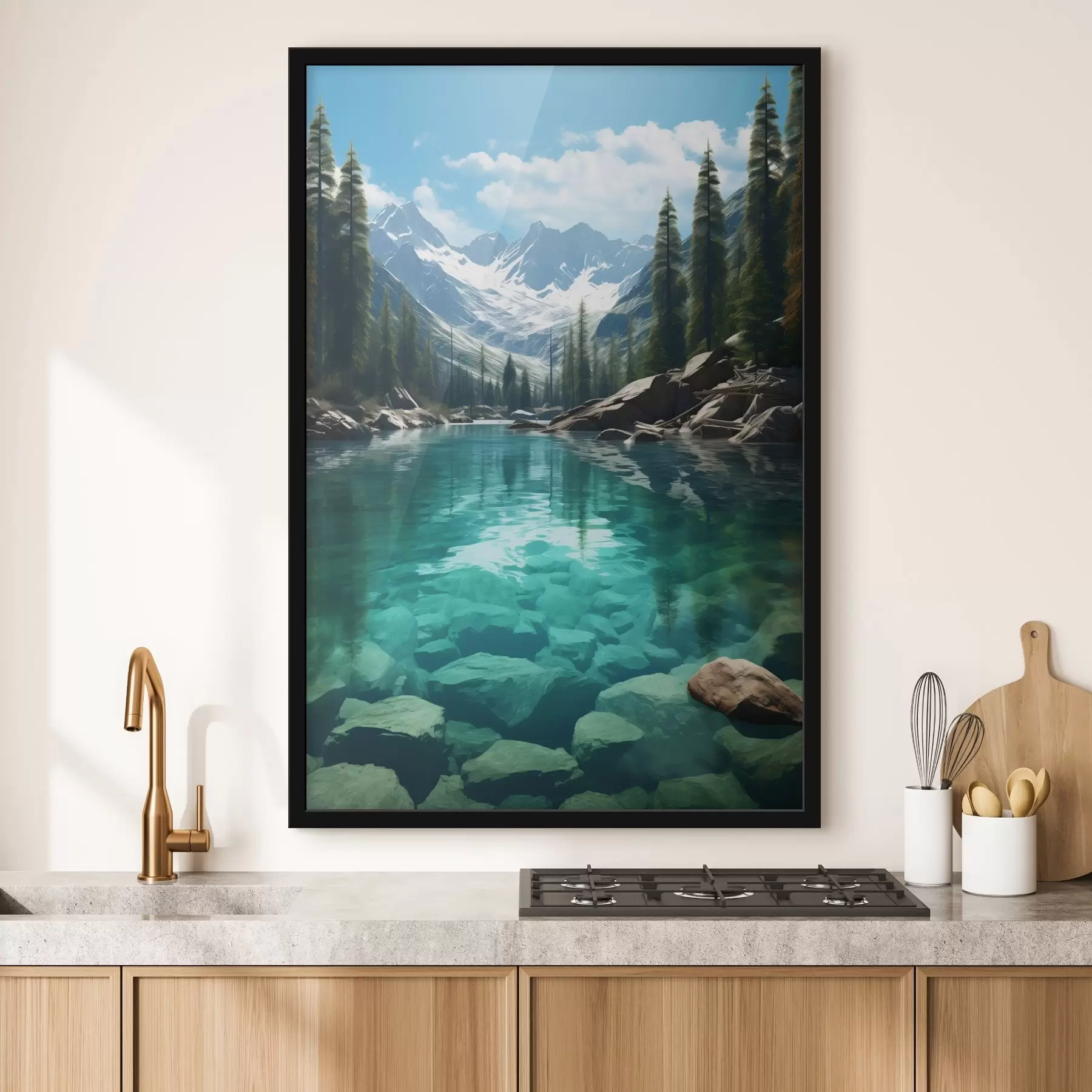 Fototapetes Dzidra alpīna upe ar akmeņainu gultni un sniegotiem virsotnēm f46514