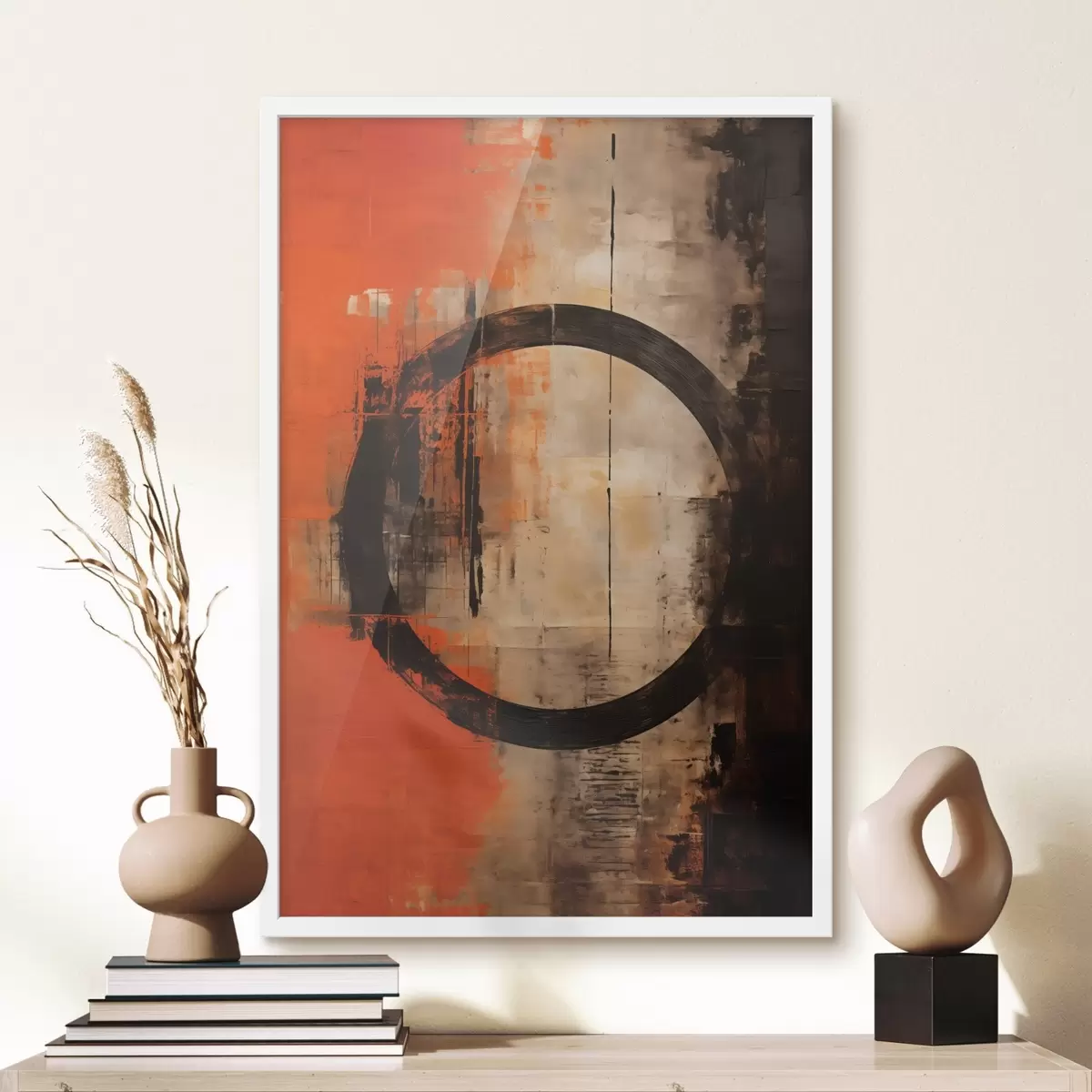 Plakāts Abstrakts ar lielu melnu apli un siltām tekstūrām f46528