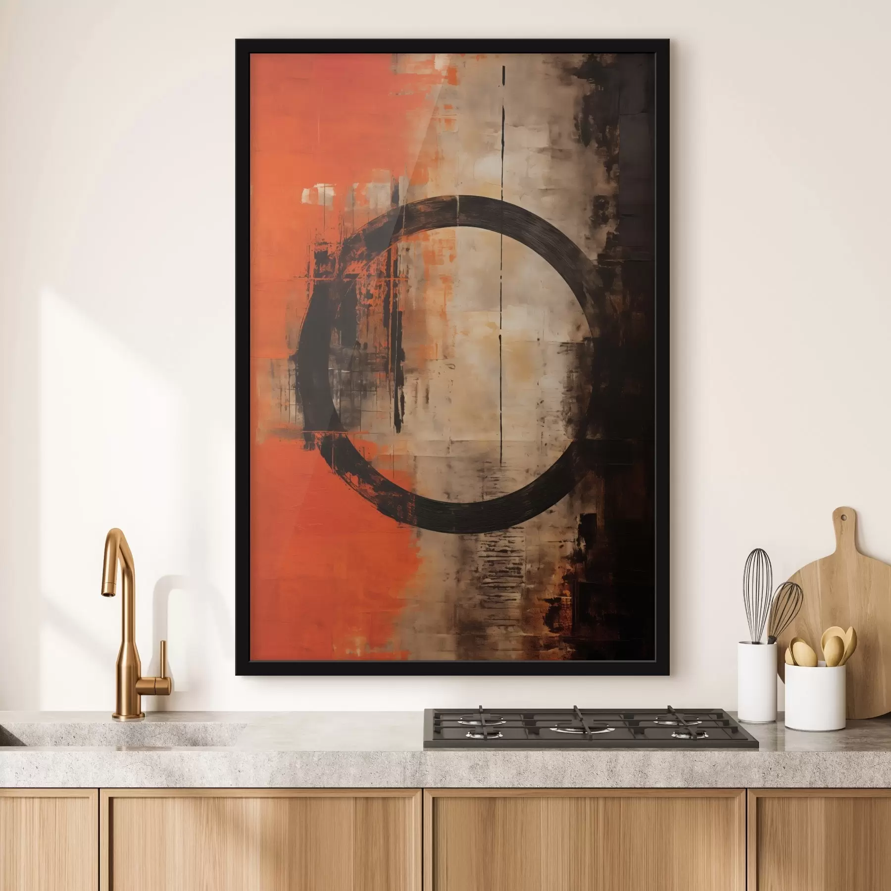 Fototapetes Abstrakts ar lielu melnu apli un siltām tekstūrām f46528