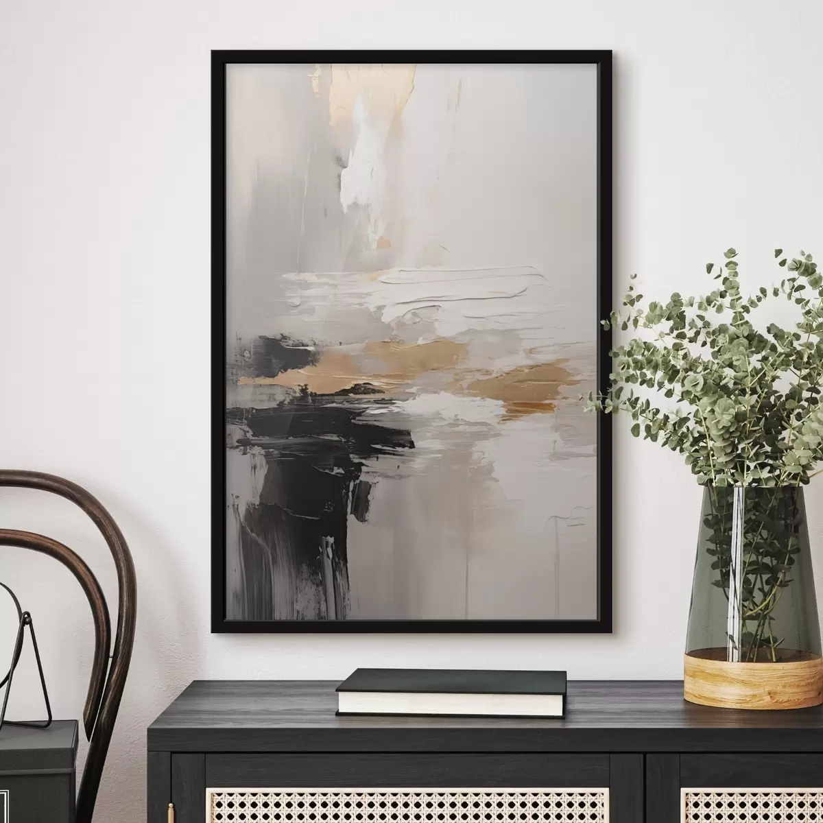 Plakāts Kailā toņa triepieni ar kontrastējošu melnu un okera slāni f46544