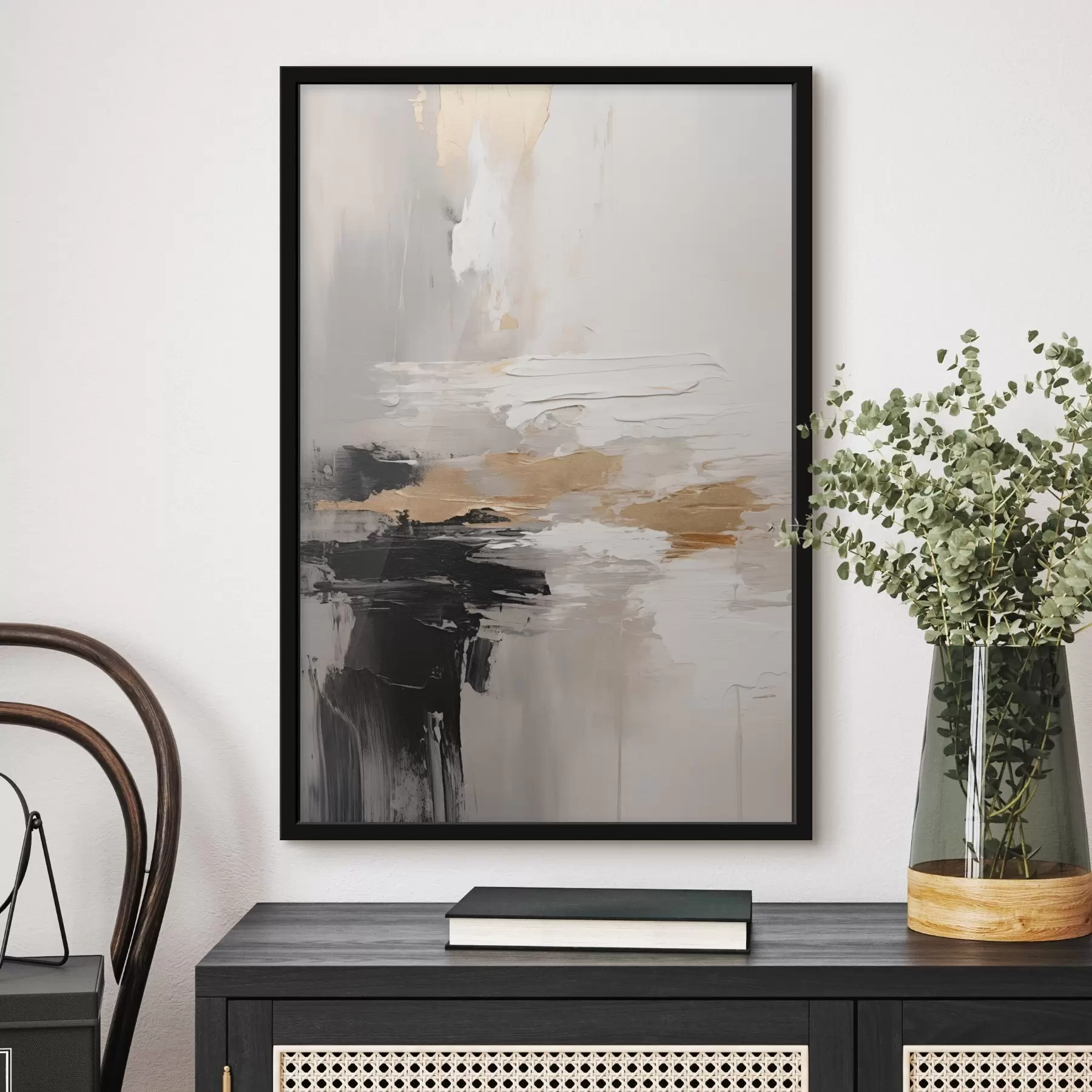 Fototapetes Kailā toņa triepieni ar kontrastējošu melnu un okera slāni f46544